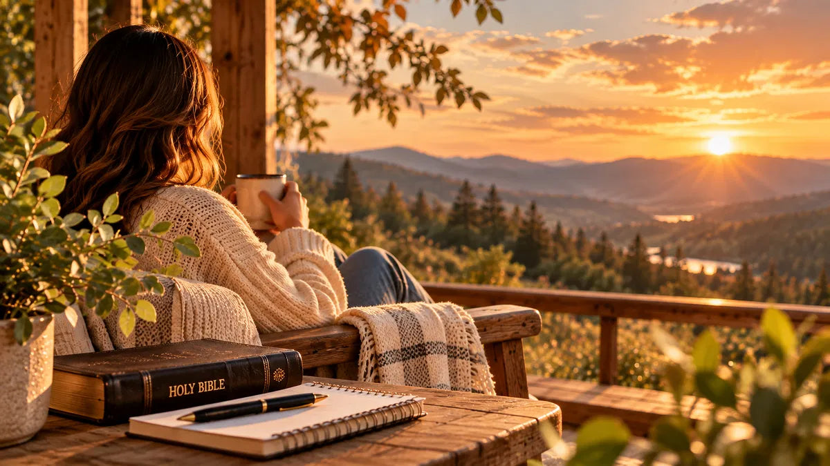 Woman holding a warm mug during quiet morning prayer with a Bible and journal nearby