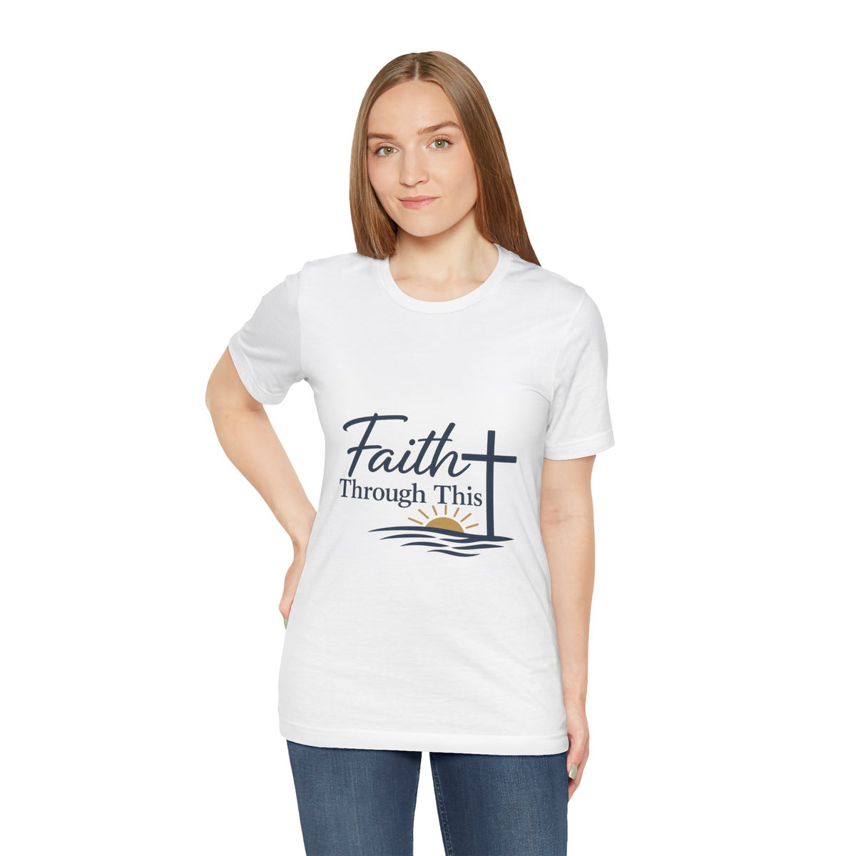 Faith Through This T-Shirt — Christian Cross & Sunrise Inspirational Tee
