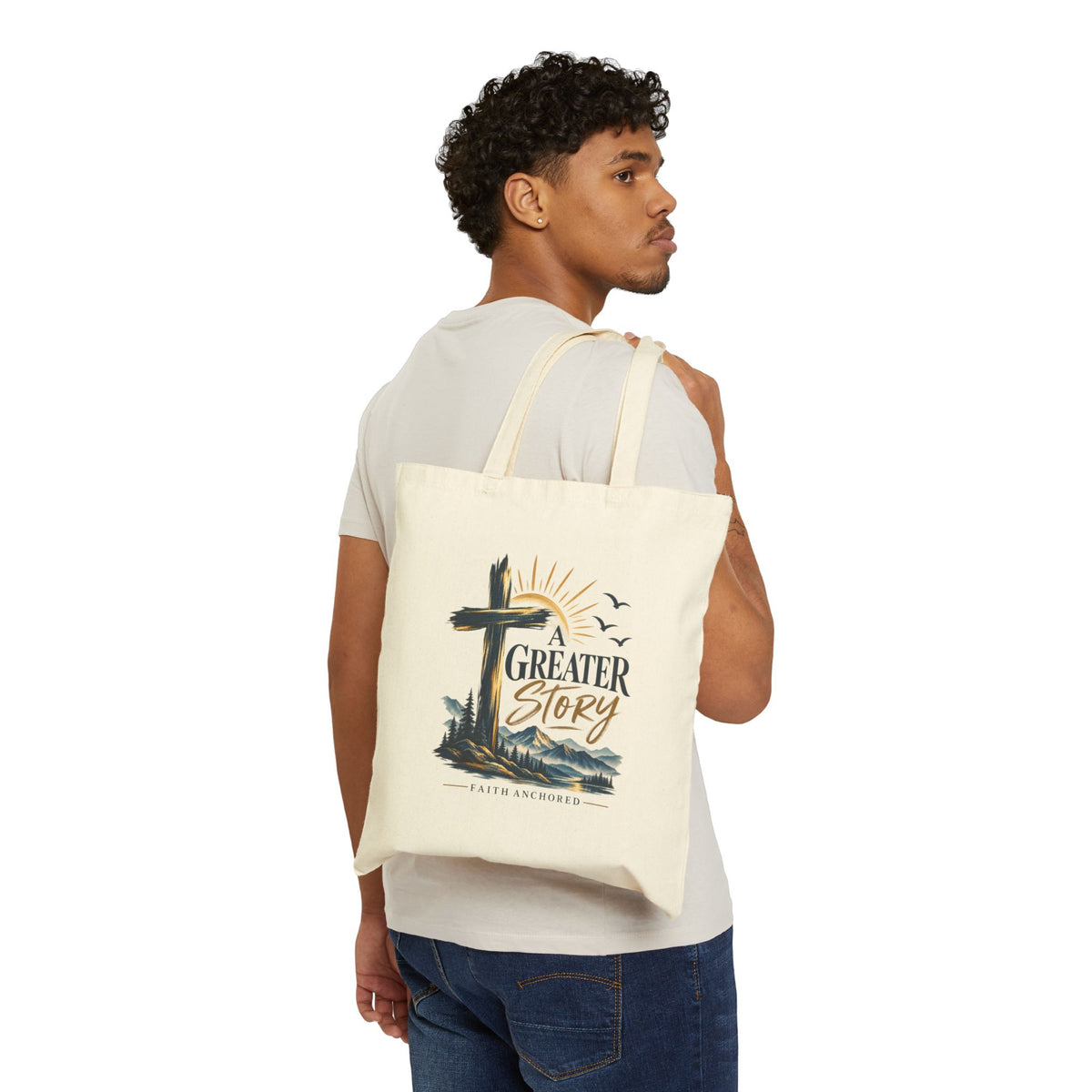 Tote Bag — “A Greater Story” Faith Canvas Tote (Christian Cross Design)