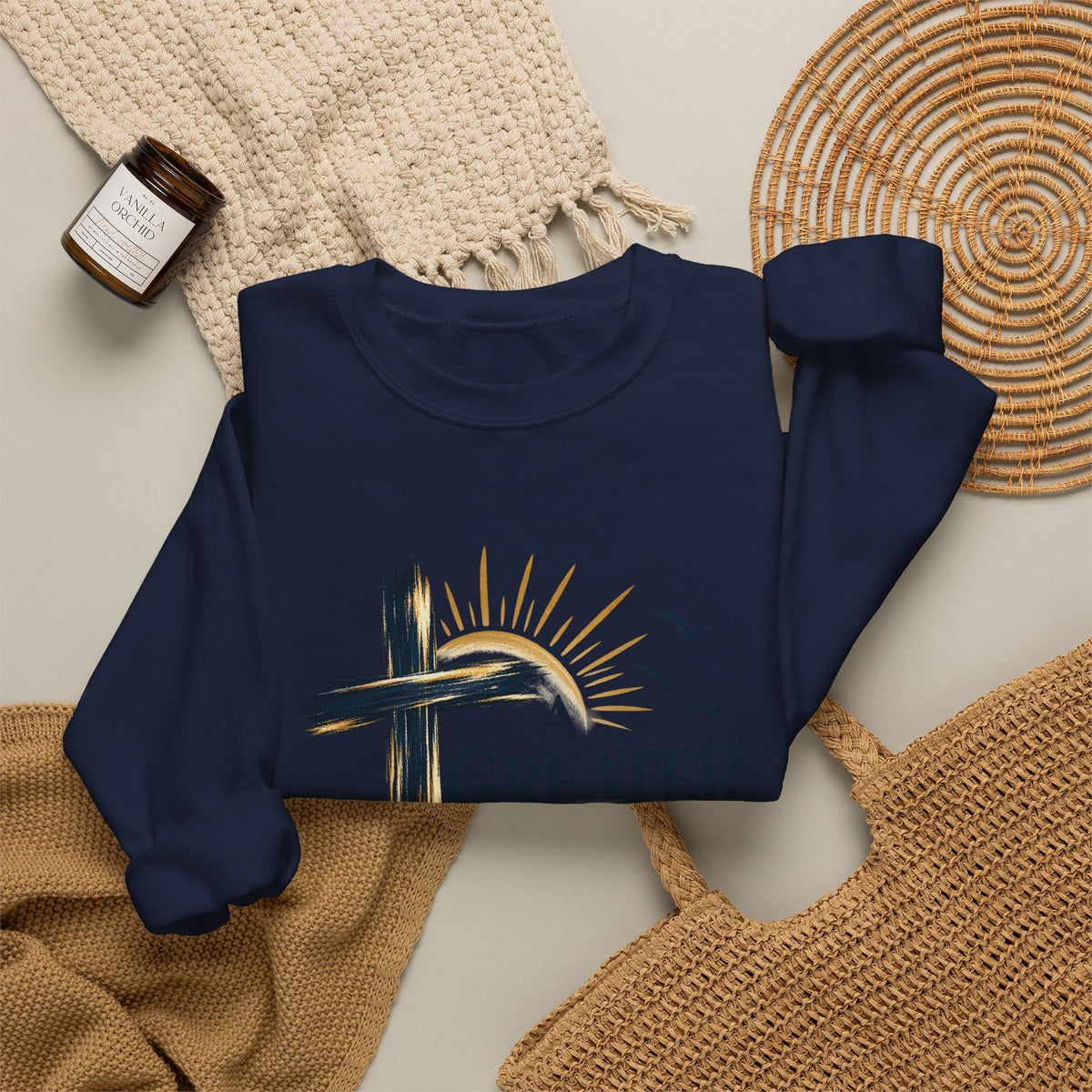 Crewneck Sweatshirt — "A Greater Story" Faith Cross Christian Pullover
