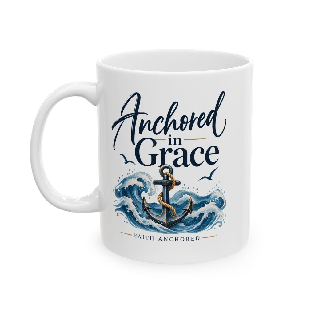 Glossy white Anchored in Grace mug beside an open Bible in soft morning light
